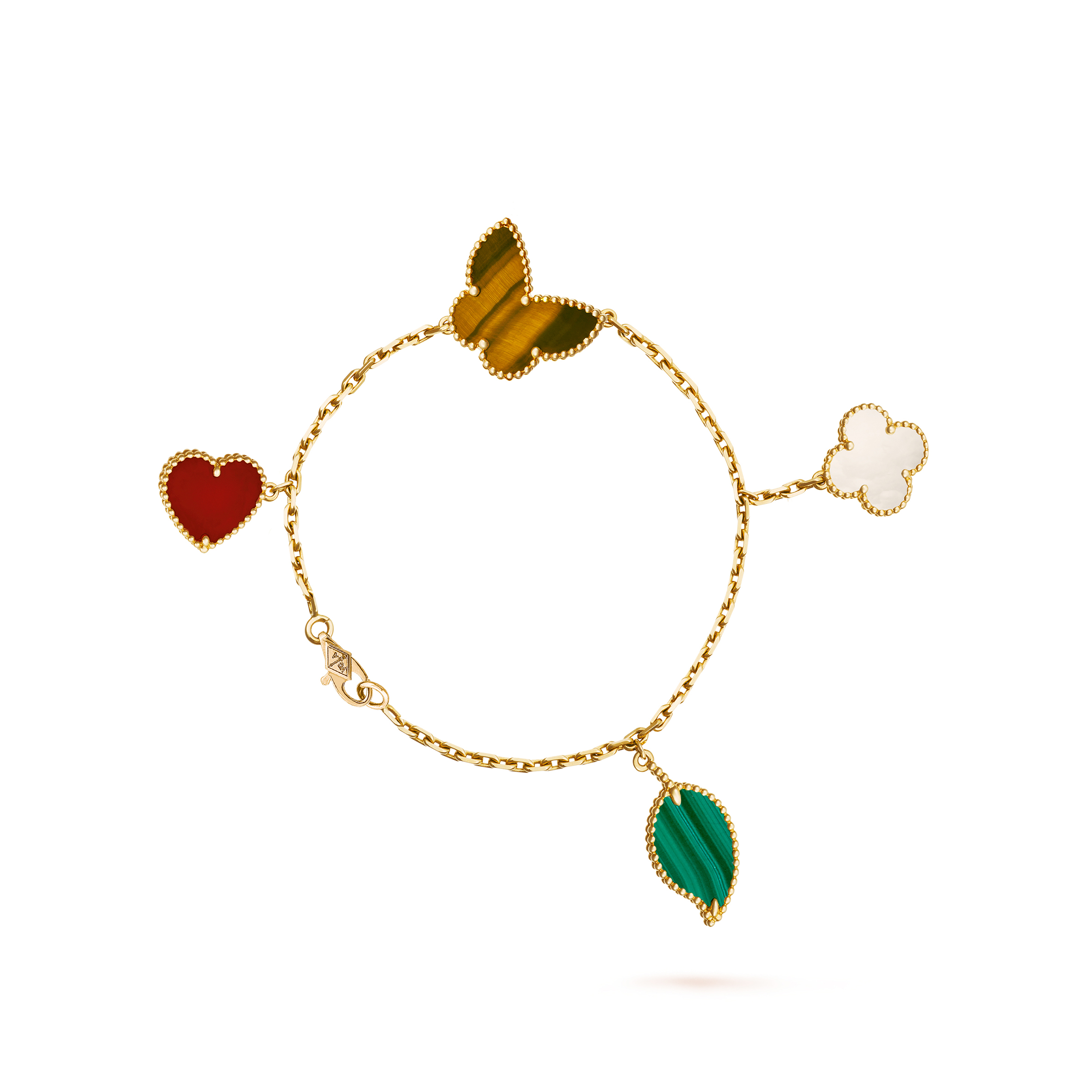 VAN CLEEF ARPELS LUCKY ALHAMBRA BRACELET, 4 MOTIFS - YELLOW GOLD, CARNELIAN, MALACHITE, MOTHER-OF-PEARL, TIGER EYE  VCARD79600